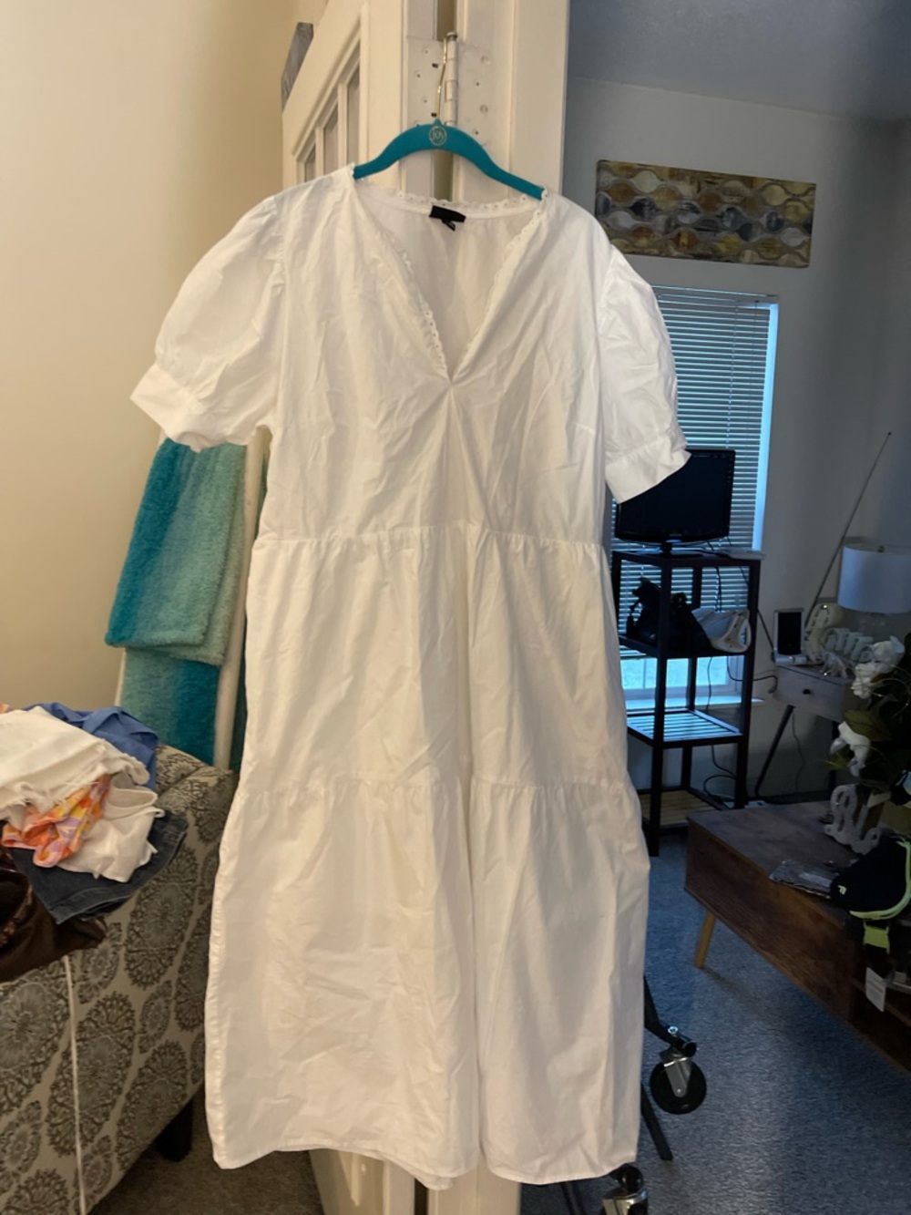 White Puff-Sleeve Cotton Midi Dress